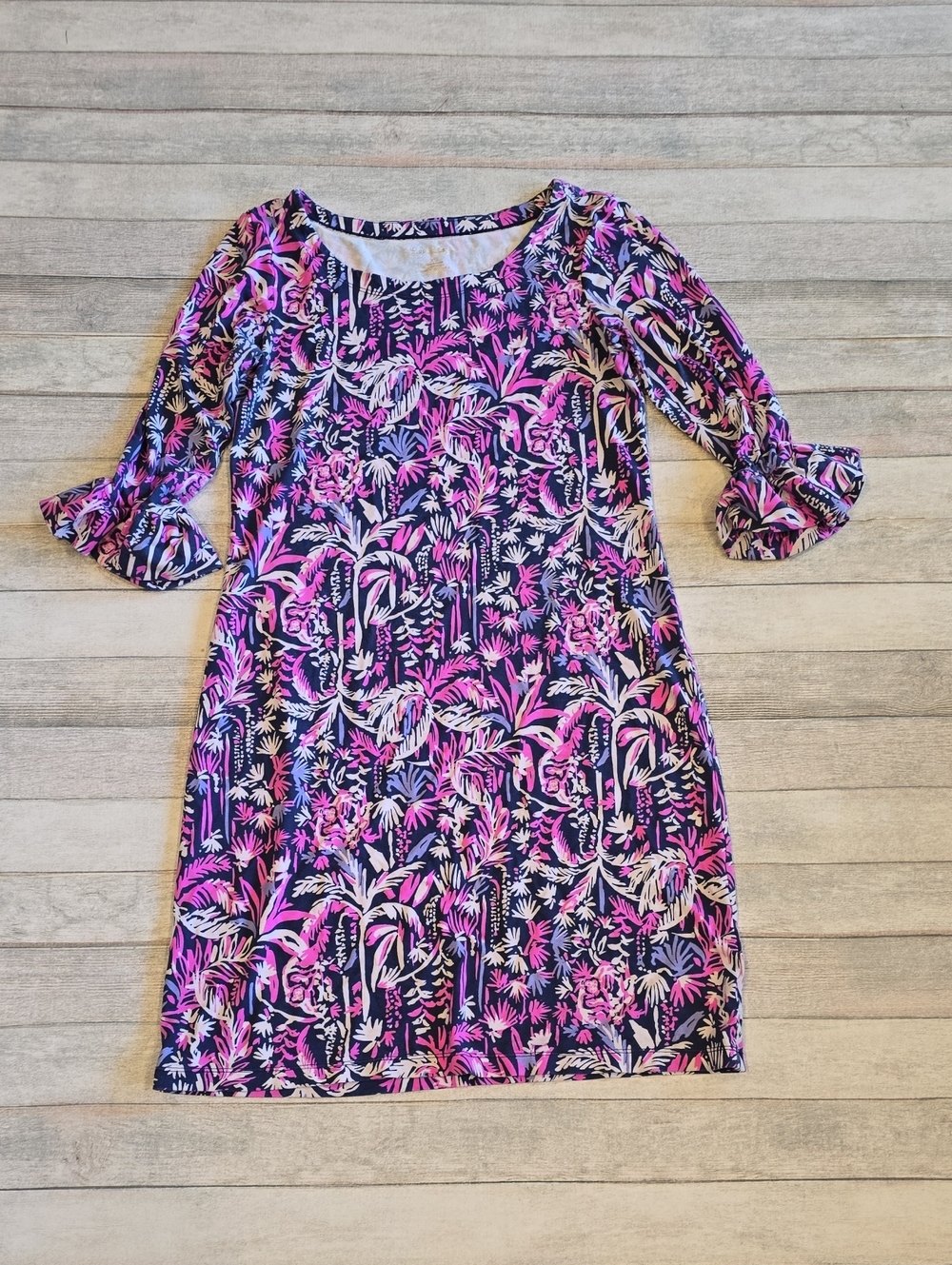 Lilly Pulitzer Sophie Navy & Pink Floral Shift Dress Ruffle Sleeve Sz XS
